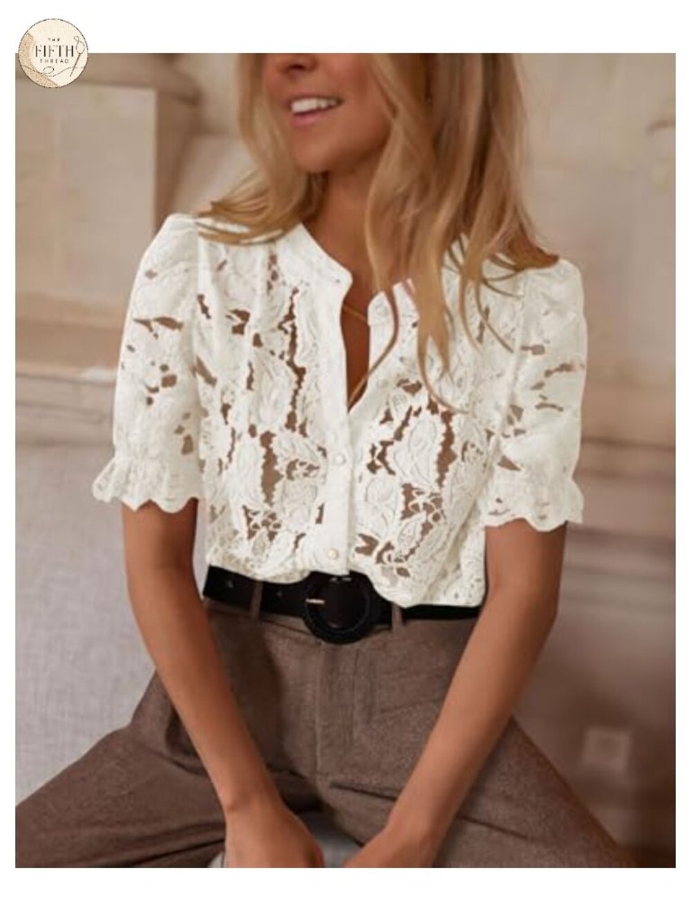 Lace Button Down Blouse with Puff Short Sleeves - Picture 5 of 6